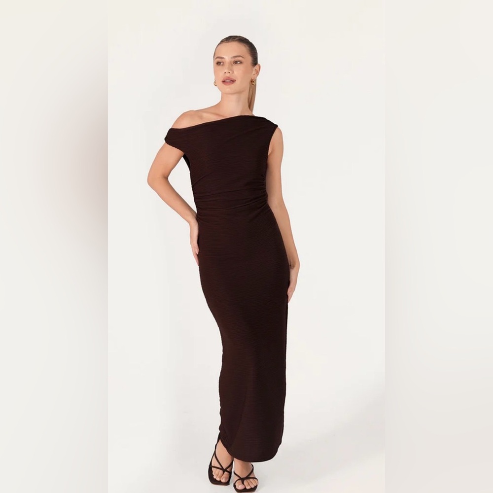 New With Tags Bamboo Blonde Stretch Bodycon Brown Maxi Dress Back Slit Large